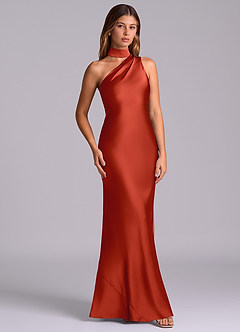 Azazie Seona Bridesmaid Dresses Rust Mermaid One Shoulder Stretch Satin Dress image3