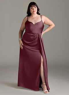 Azazie Brielle Bridesmaid Dresses Sangria A-Line Cowl Spaghetti Straps Stretch Satin Dress image6