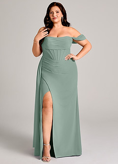 Azazie Amyra Robes de demoiselle d'honneur Robe Fourreau Convertible en Mousseline de soie Épaules dénudées Sauge D'argent image9