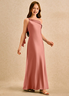 Azazie Almond Girls Formal Jurken voor bloemenmeisjes Kokerjurk Jurk van Stretch Satijn One-shoulder Zalm Roze image5