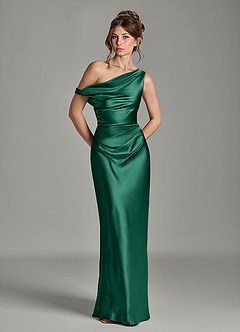 Azazie Emerson Bridesmaid Dresses Emerald Mermaid Off the Shoulder Metallic Satin Dress image3