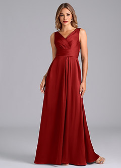 Azazie Karina Bridesmaid Dresses Pomegranate A-Line Pleated Stretch Satin Dress image4