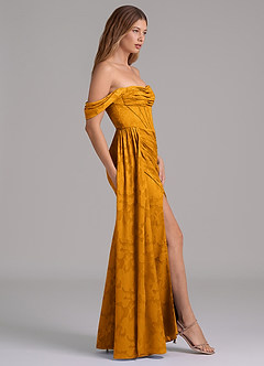 Azazie Amyra Brautjungfernkleider Wandelbar Meerjungfrau-Linie Schulterfrei Blumen-Burnout Kleid Butterscotch image5