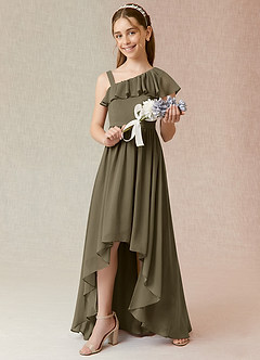 Azazie Mango Junior Robe Trapèze en Mousseline de soie Rayé Vert Saule image1