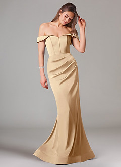 Azazie Everly Bridesmaid Dresses Champagne Mermaid Off the Shoulder Stretch Satin Convertible Dress image6