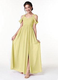 Azazie Lianne Junior Lemon Sorbet A-Line Off the Shoulder Chiffon Dress image1