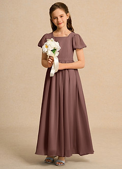 Azazie Lilia Girls Formal Flower Girl Dresses Espresso A-Line with Sleeves Chiffon Dress image4