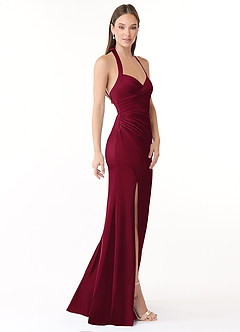 Azazie Emeria Bridesmaid Dresses Burgundy Mermaid Pleated Stretch Satin Dress image4
