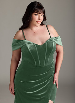 Azazie Jas Jurken voor bruidsmeisjes Converteerbaar Jurk van flueel met Kolom Off-the-shoulder korset Eucalyptus image18