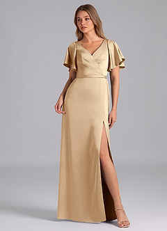 Azazie Ambrosia Bridesmaid Dresses Champagne A-Line Pleated Stretch Satin Dress image1