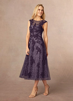 Azazie Flynn vestidos de madre de la novia Vestido de Ciruela de Tul de Corte En A con Cuello barco encaje image2
