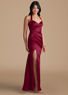 Azazie Emeria Bridesmaid Dresses Burgundy Sheath Side Slit Metallic Satin Dress image6