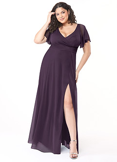 Azazie Induh Bridesmaid Dresses Plum A-Line Flutter V-neck Mesh Dress image7