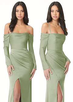 Azazie Hallie Bridesmaid Dresses Dusty Sage Sheath Off-The-Shoulder Long Sleeve Stretch Satin Convertible Dress image9