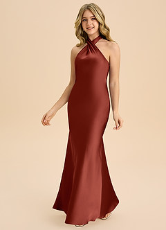 Azazie Chickie Junior Robe Fourreau en Satin extensible Plissée Terracotta image5