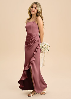 Azazie Buzzy Junior Vestido Ametista de Cetim elástico de Bainha com Plissado image6