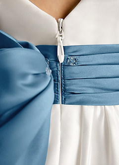 Azazie Sosie Flower Girl Dresses Ivory Steel Blue A-Line Pleated Matte Satin Dress image6