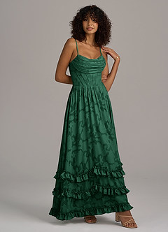 Azazie Lettie Bridesmaid Dresses Dark Green A-Line Corset Floral Burnout Dress image3