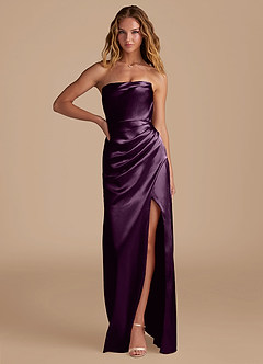 Azazie Leonis Bridesmaid Dresses Plum Mermaid Pleated Metallic Satin Convertible Dress image1