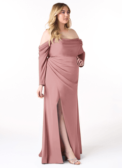 Azazie Hallie Bridesmaid Dresses Dusty Rose Sheath Off-The-Shoulder Long Sleeve Stretch Satin Convertible Dress image9