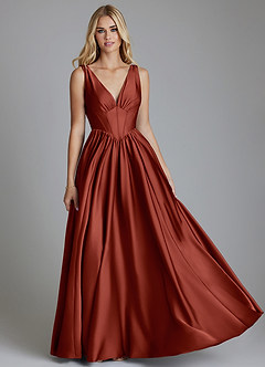Azazie Delmie Bridesmaid Dresses Terracotta A-Line Corset Stretch Satin Dress image1