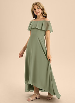 Azazie Maggie Junior Pistachio A-Line Off the Shoulder Chiffon Dress image4