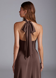 Azazie Myra Bridesmaid Dresses Ganache A-Line High Neck Stretch Satin Dress image2