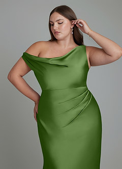 Azazie Emerson Bridesmaid Dresses Basil Mermaid Off the Shoulder Stretch Satin Dress image12