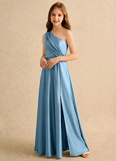 Azazie Puddles Girls Formal Flower Girl Dresses Steel Blue A-Line One Shoulder Stretch Satin Dress image4