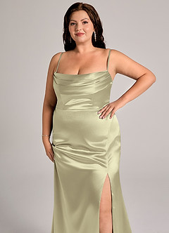 Azazie Saige Bridesmaid Dresses Moss Green Sheath Off the Shoulder Metallic Satin Convertible Dress image15
