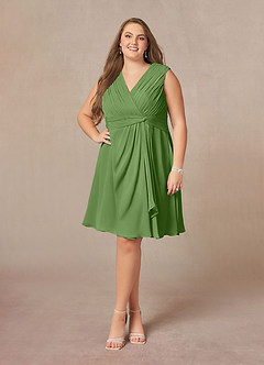 Azazie Theron Mère de la mariée Robes Robe Trapèze en Mousseline de soie Col V plissé Basilic image6