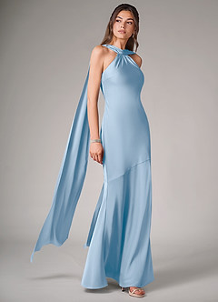 Azazie Kinsley Bridesmaid Dresses Powder Blue Mermaid Side Slit Stretch Satin Dress image3