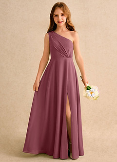 Azazie Puddles Girls Formal Robe Demoiselle D'honneur Fillette Robe Trapèze en Mousseline de soie Asymétrique Rose Du Désert image1