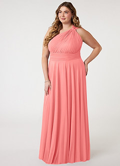 Azazie Charlize Bridesmaid Dresses Coral A-Line One Shoulder Mesh Dress image8