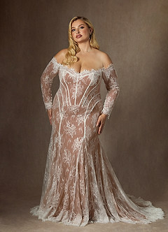 Azazie Katherine Wedding Dresses Diamond White Mocha Mermaid Off the Shoulder Tulle Dress image10