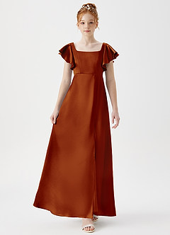 Azazie Bondi Junior Auburn A-Line Side Slit Metallic Satin Dress image4