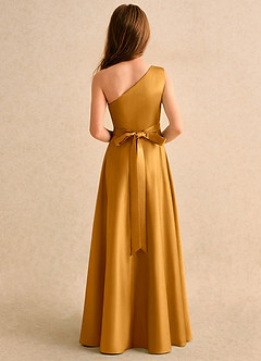 Azazie Puddles Girls Formal vestidos de niña de las flores Vestido de Caramelo de Satin Mate de Corte en A con Hombro unilateral image3