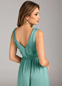Azazie Tanicia Bridesmaid Dresses Aqua A-Line Pleated Stretch Satin Dress image7