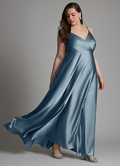 Azazie Amani At-home Try On Dresses Dusty Blue A-Line Pleated Stretch Satin Dress image9