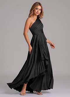 Azazie Lyrica Bridesmaid Dresses Black A-Line One Shoulder Stretch Satin Dress image3