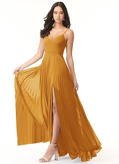 Azazie Vini Bridesmaid Dresses Butterscotch A-Line V-Neck Pleated Chiffon Dress image3