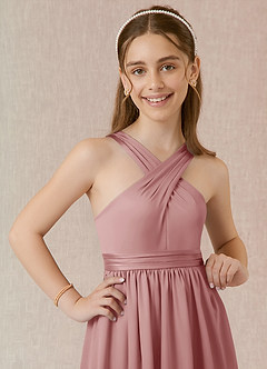 Azazie Jiya Junior Dusty Rose A-Line Pleated Stretch Satin Dress image4