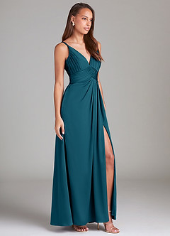 Azazie Maren Allure Bridesmaid Dresses Ink Blue A-Line Lace Stretch Satin Dress image4