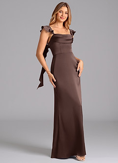 Azazie Adi Bridesmaid Dresses Ganache A-Line Pleated Stretch Satin Dress image5