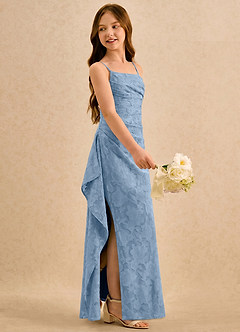 Azazie Cannoli Girls Formal Flower Girl Dresses Powder Blue A-Line Pleated Floral Burnout Dress image4