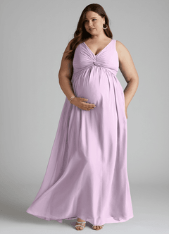 Azazie Yetta Maternity Bridesmaid Dresses A-Line V-Neck Gathered Chiffon Floor-Length Dress image7