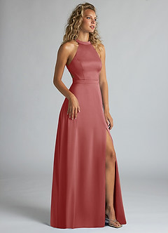 Azazie Clarice Bridesmaid Dresses Antique Rose A-Line High Neck Stretch Satin Dress image2