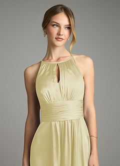 Azazie Bonnie Bridesmaid Dresses Lemon Sorbet A-Line Pleated Stretch Satin Dress image2