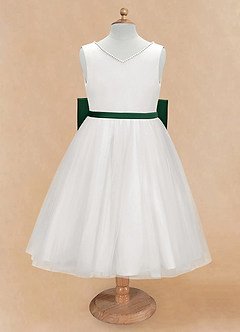 Azazie Seline Flower Girl Dresses Ivory Dark Green A-Line Bow Tulle Dress image6