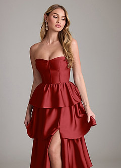 Azazie Faye Bridesmaid Dresses Pomegranate A-Line Ruched Stretch Satin Dress image5
